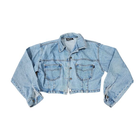 Vintage  Switch Blue Jean Cropped Jacket Puffed Sleeves Size L Made in U.S.A - Picture 2 of 8